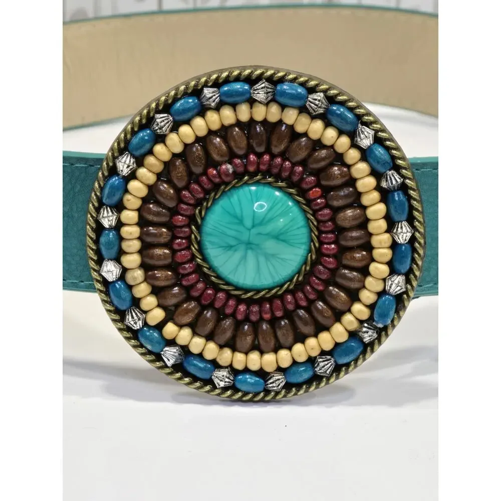 Vintage Womens Medium Belt Western Cowgirl Turquoise Teal Beaded Large Concho